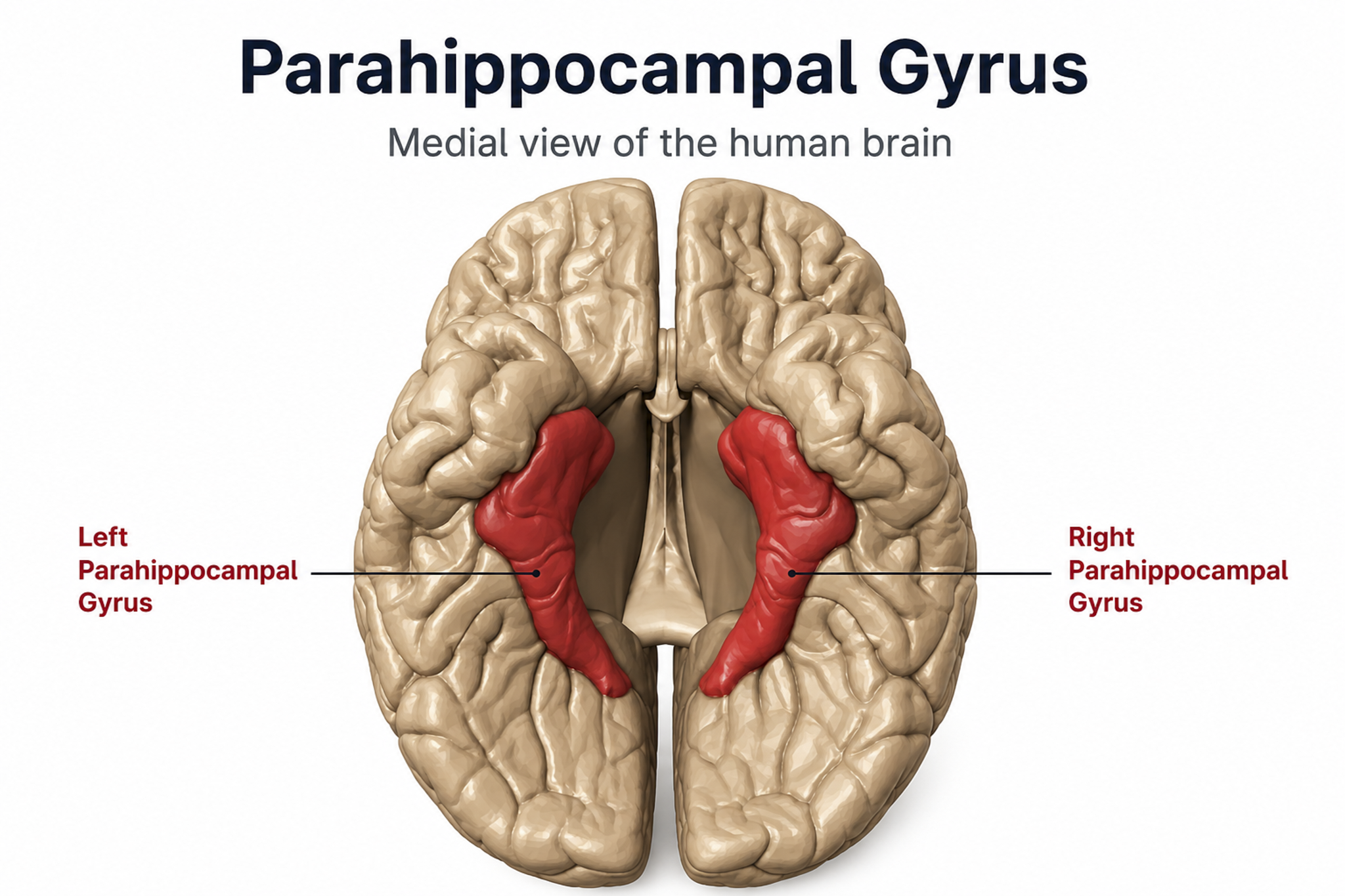 The parahippocampal gyrus on an inferior view of the brain