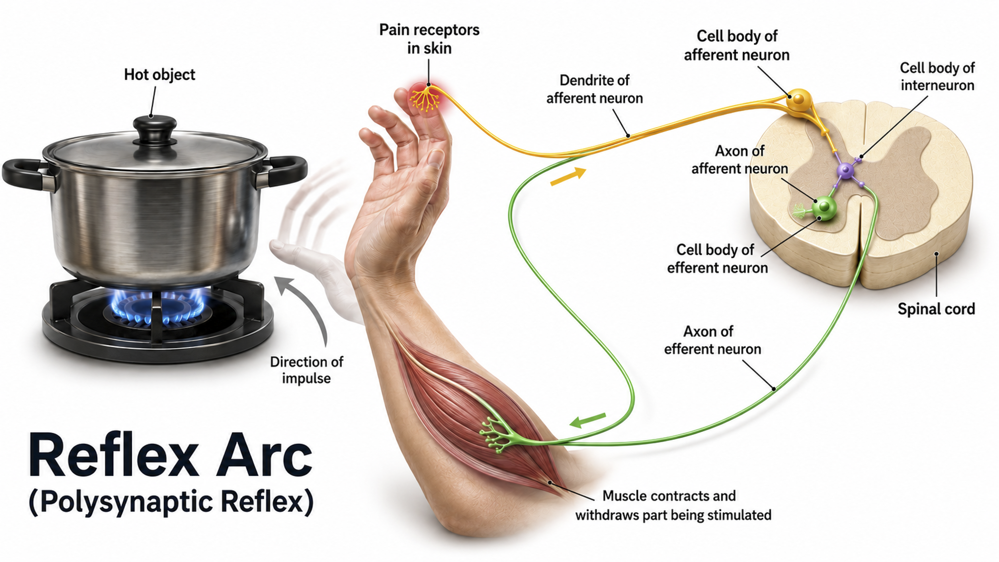 Reflex arc from sensory receptor through the spinal cord to muscle