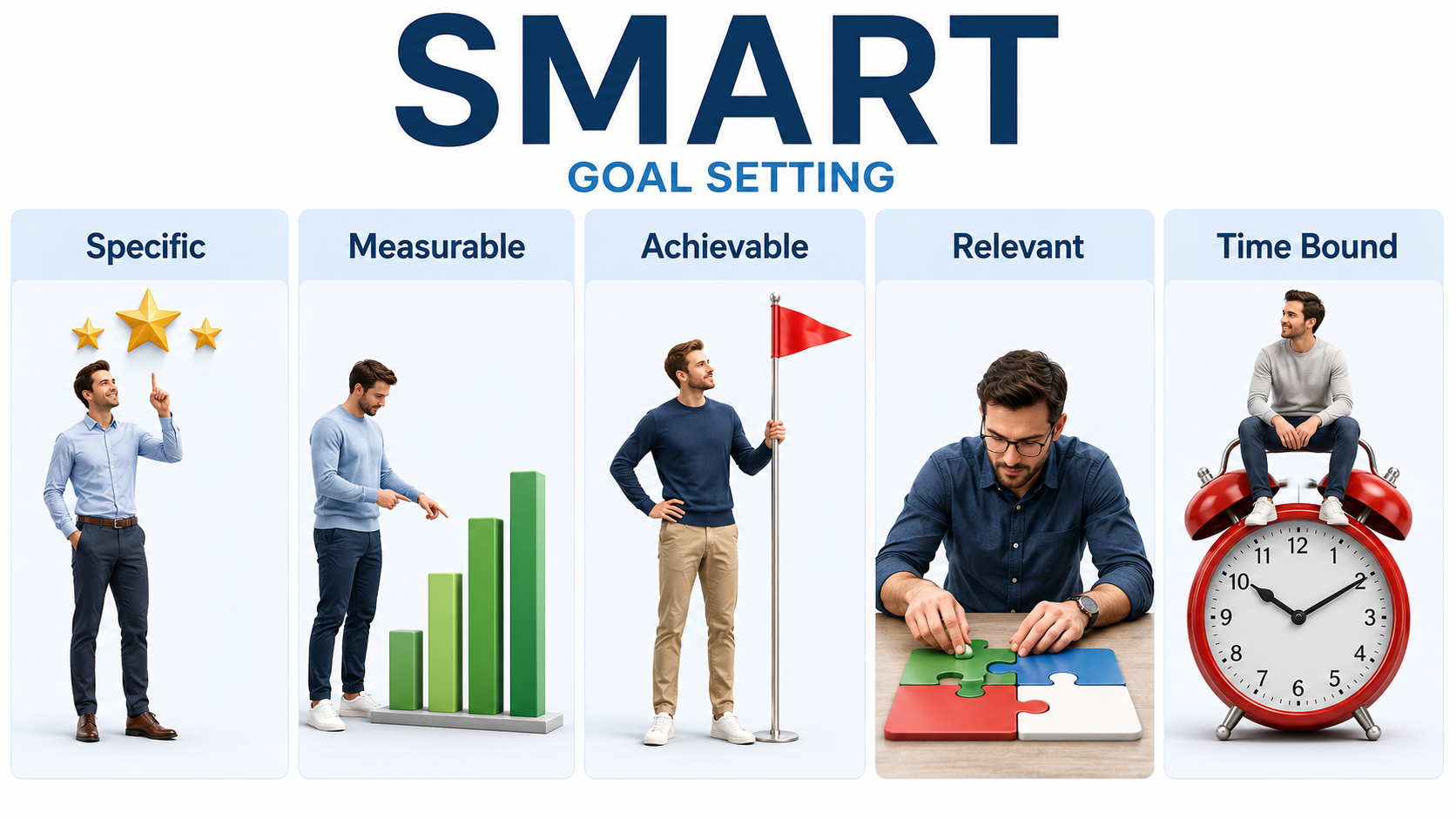 SMART goals infographic showing specific, measurable, achievable, relevant, and time-bound criteria