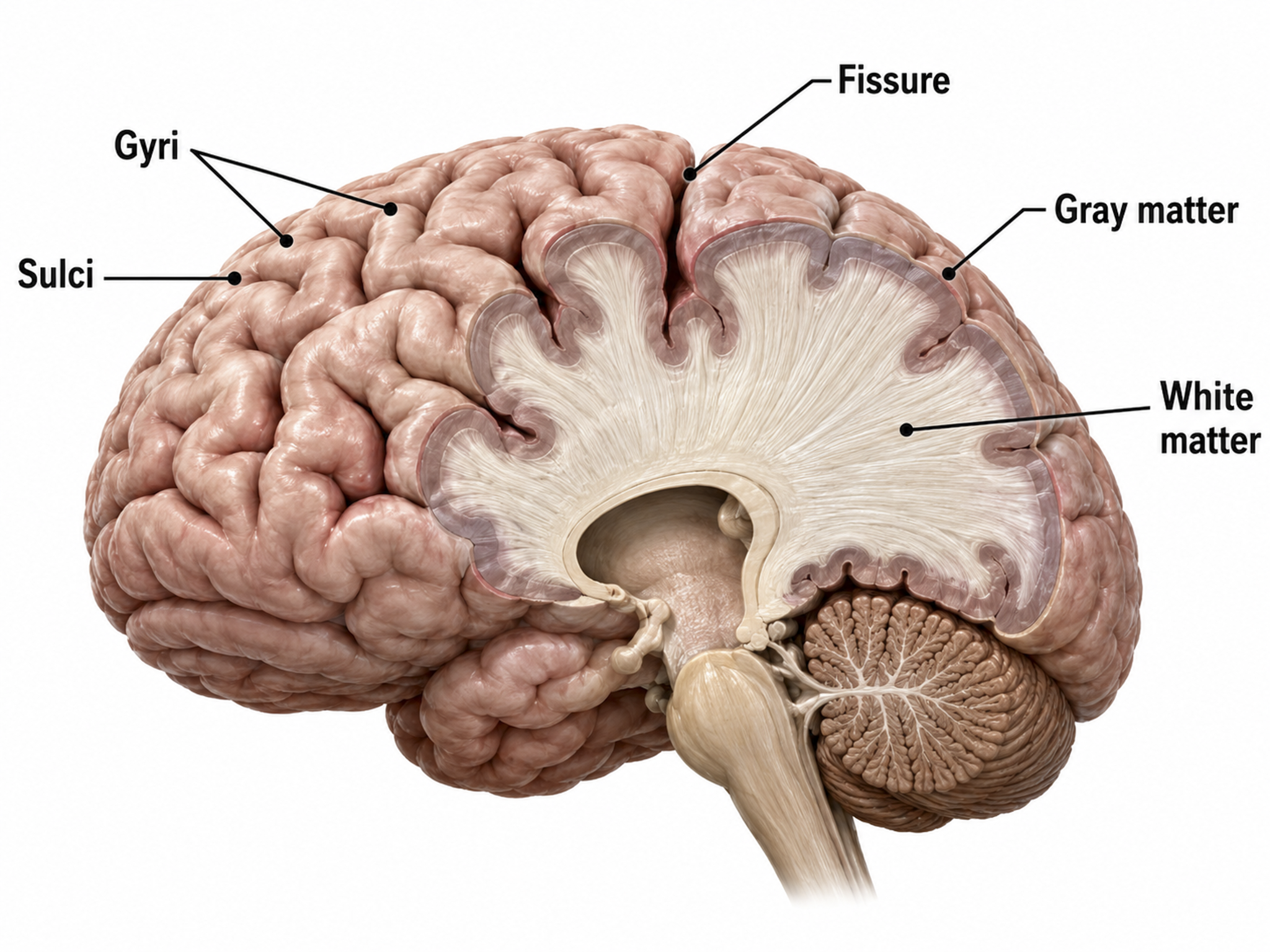 Cerebral cortex showing gyri, sulci, gray matter, and white matter