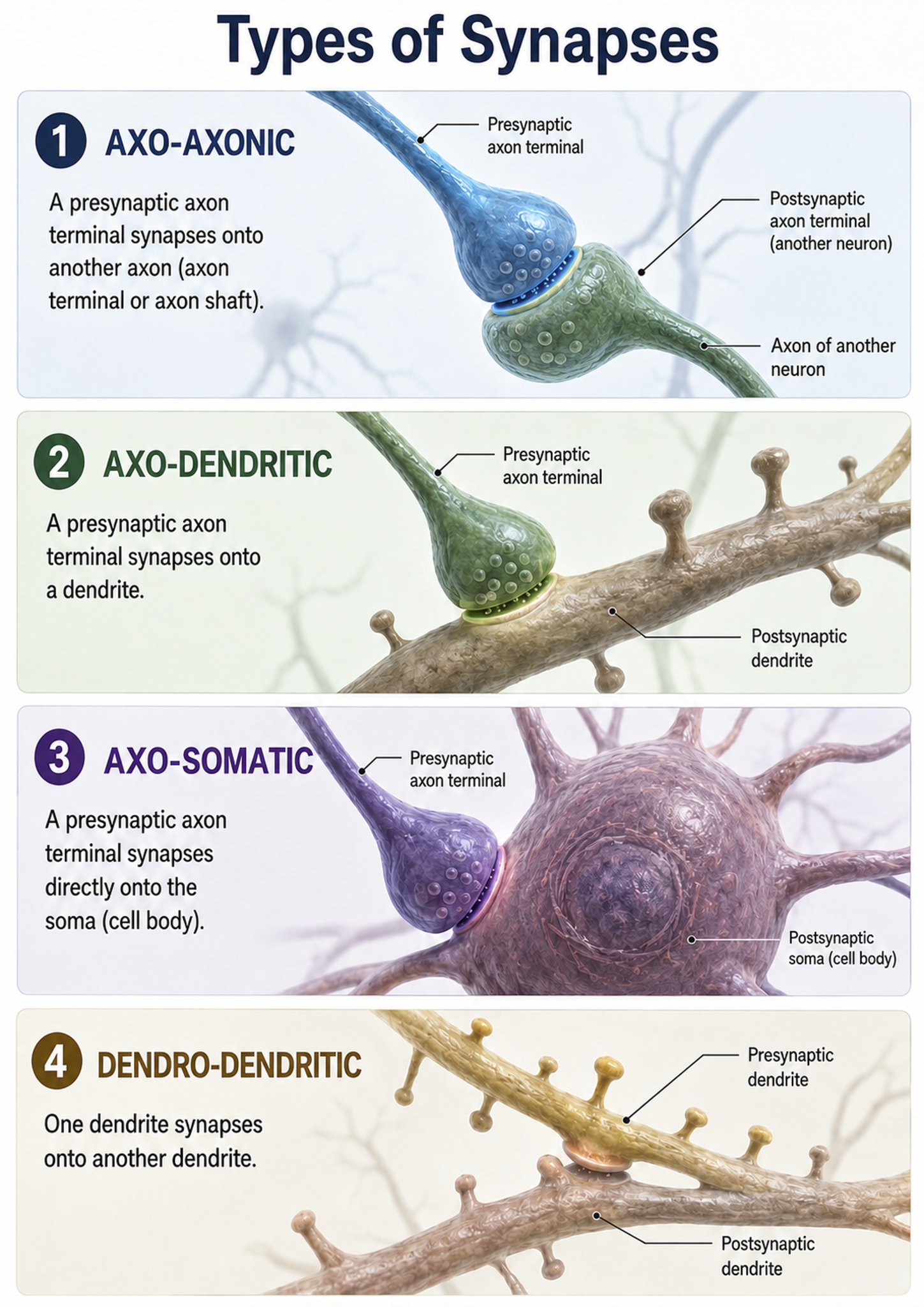 Types of synaptic connections between neurons