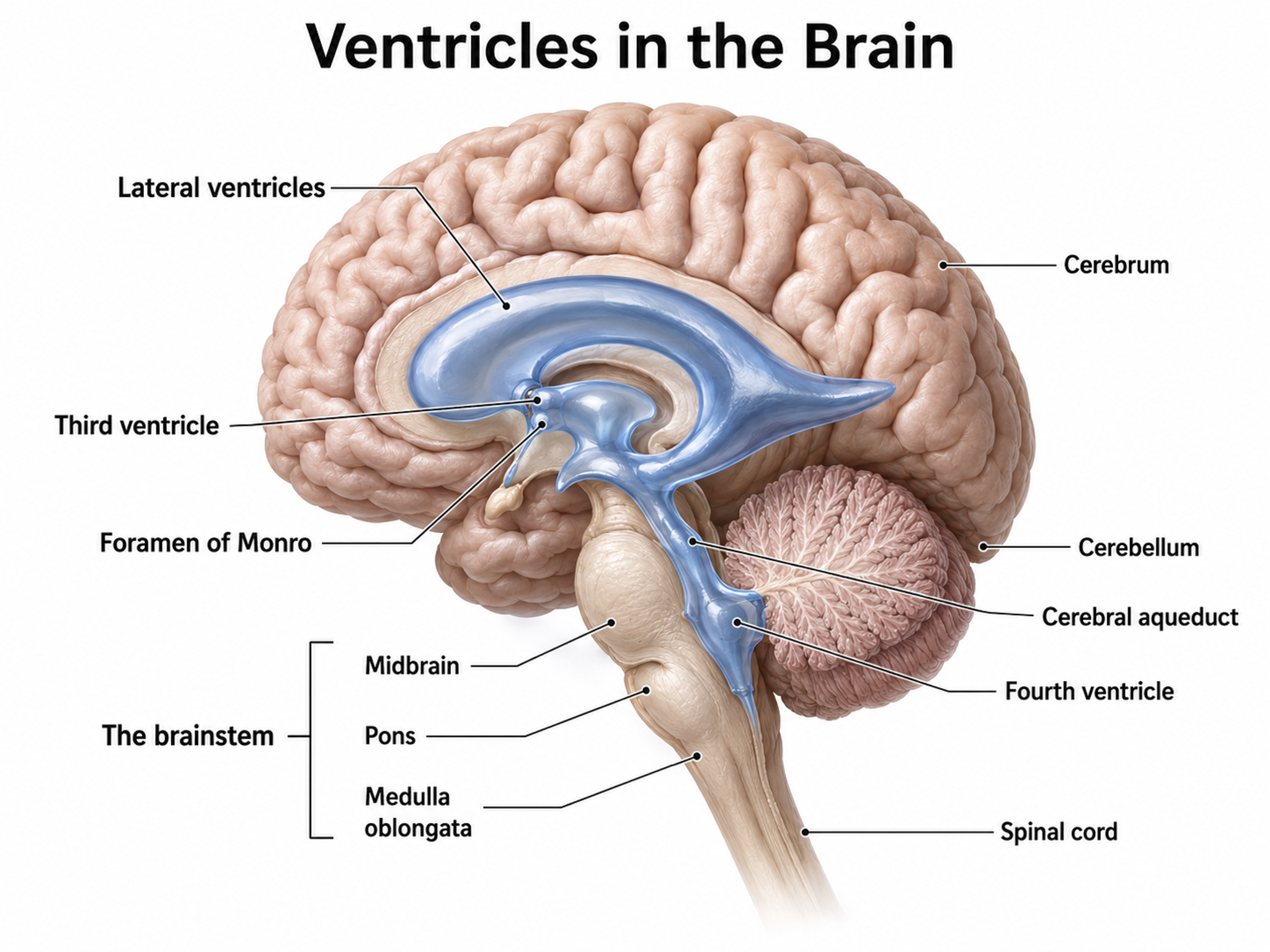 The four cerebral ventricles and the channels connecting them