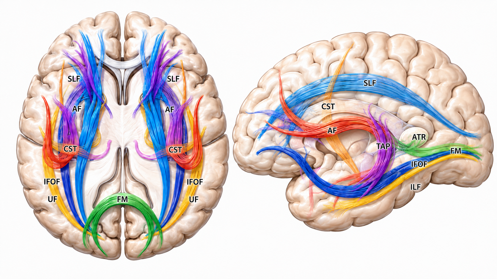 Major white matter tracts in axial and sagittal view